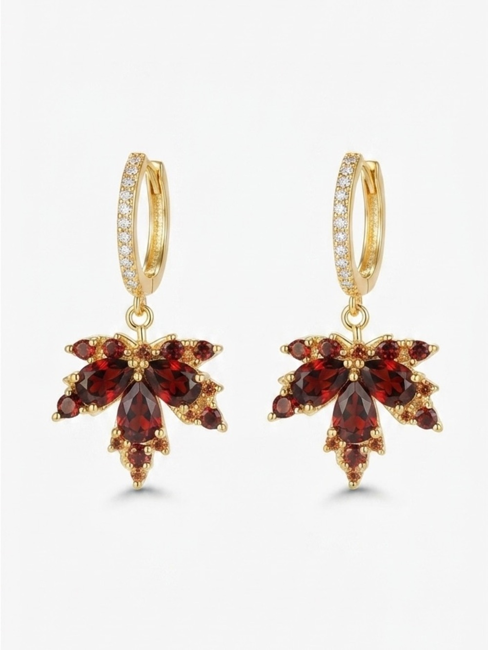 Fall Gold-Tone Faux Garnet Leaf Crystal Drop Earrings